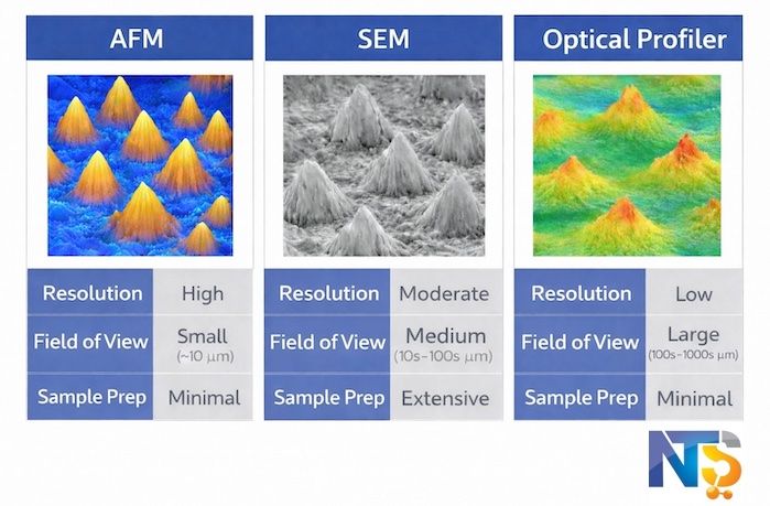 Comparison of AFM SEM and Optical Profiler results